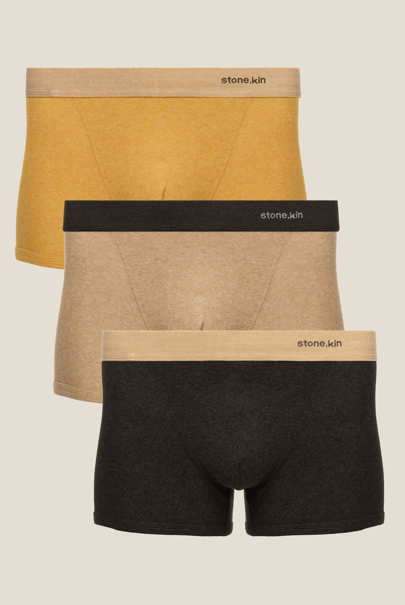 Boxer Briefs 3 Pack in Organic Cotton - Mustard, Sand, and Tar colors displayed together.