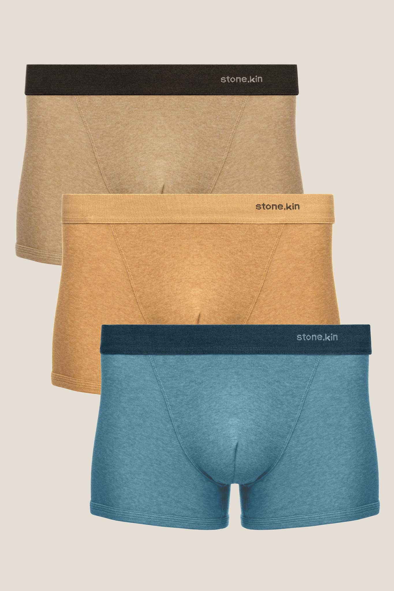 Boxer Briefs 3 Pack in Organic Cotton / Sand/Tar, Camel, Lake/Indigo Stone.kin