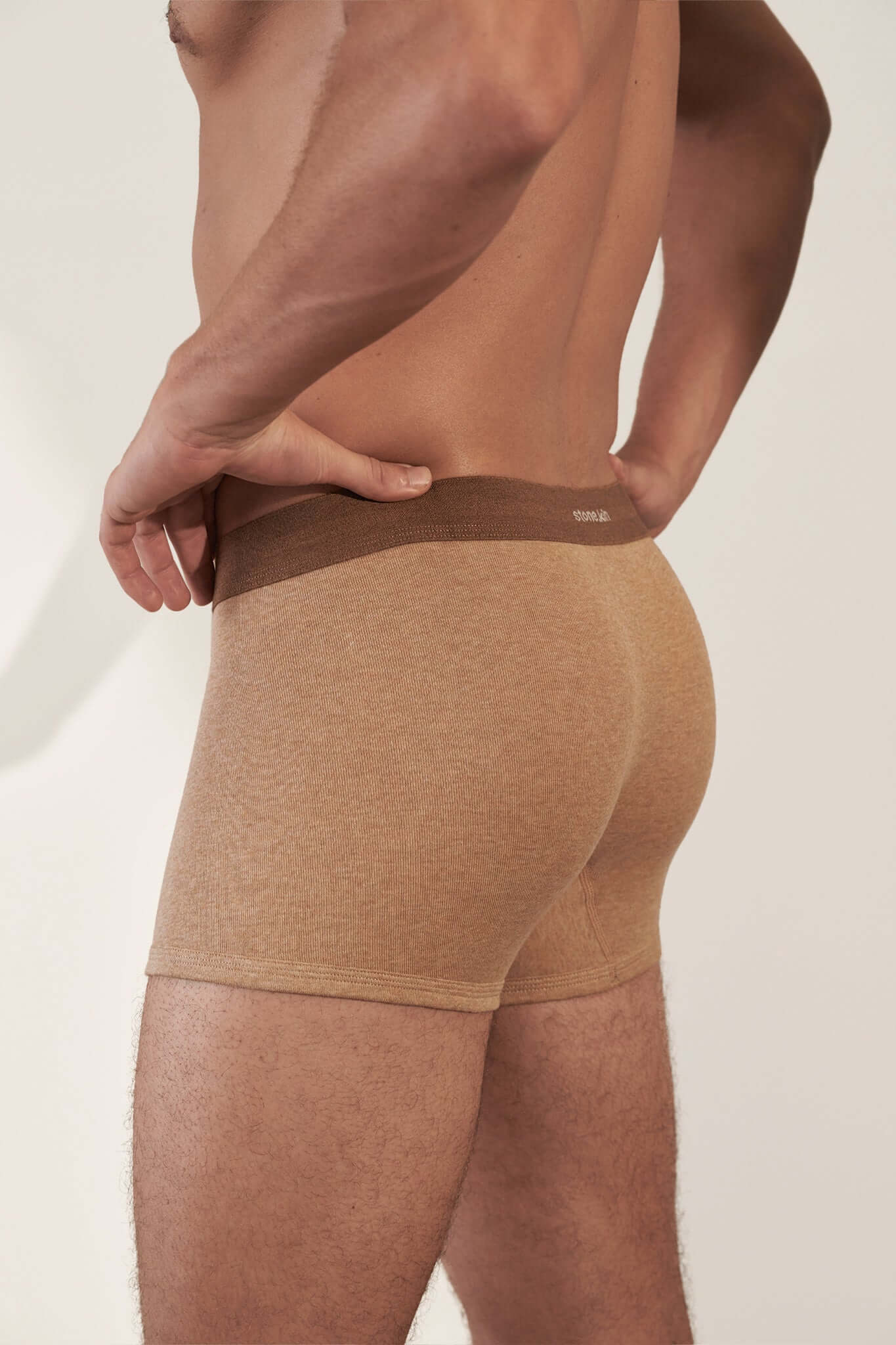 Boxer Brief 3 Pack in Organic Cotton - Tar, Camel & Lake shown in camel color with soft waistband.