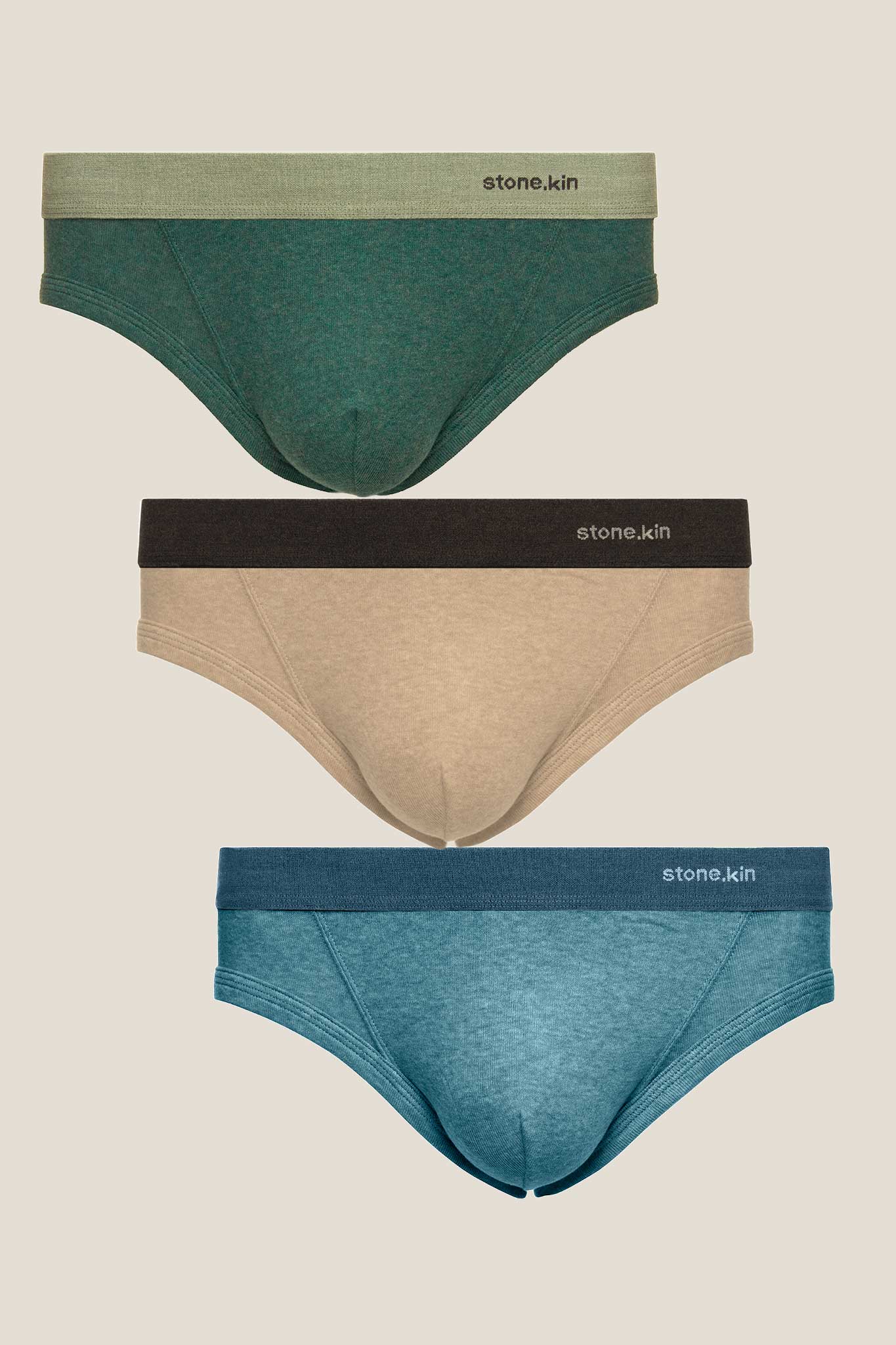 Men's Brief 3 Pack in Organic Cotton / Teal& Sage, Lake/Indigo, Sand/Tar Stone.kin