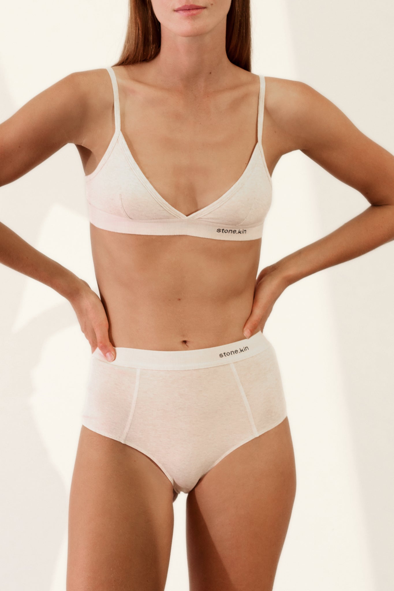 Scoop Back Bralette in Organic Cotton Rib - Bone worn with matching high-waisted briefs in soft natural fabric.