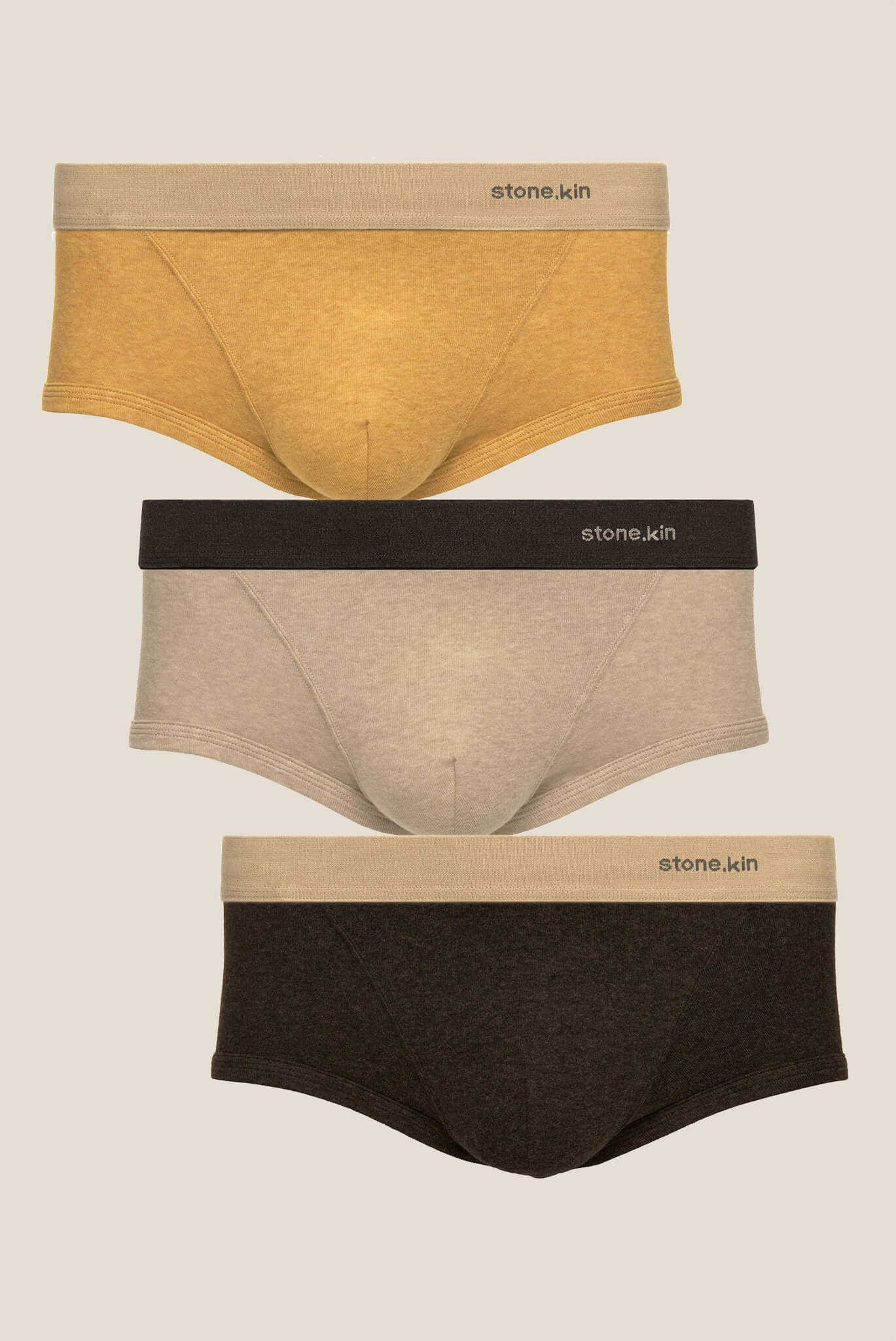 Trunk 3 Pack in Organic Cotton - Mustard, Sand, and Tar, featuring soft tones and classic silhouette.