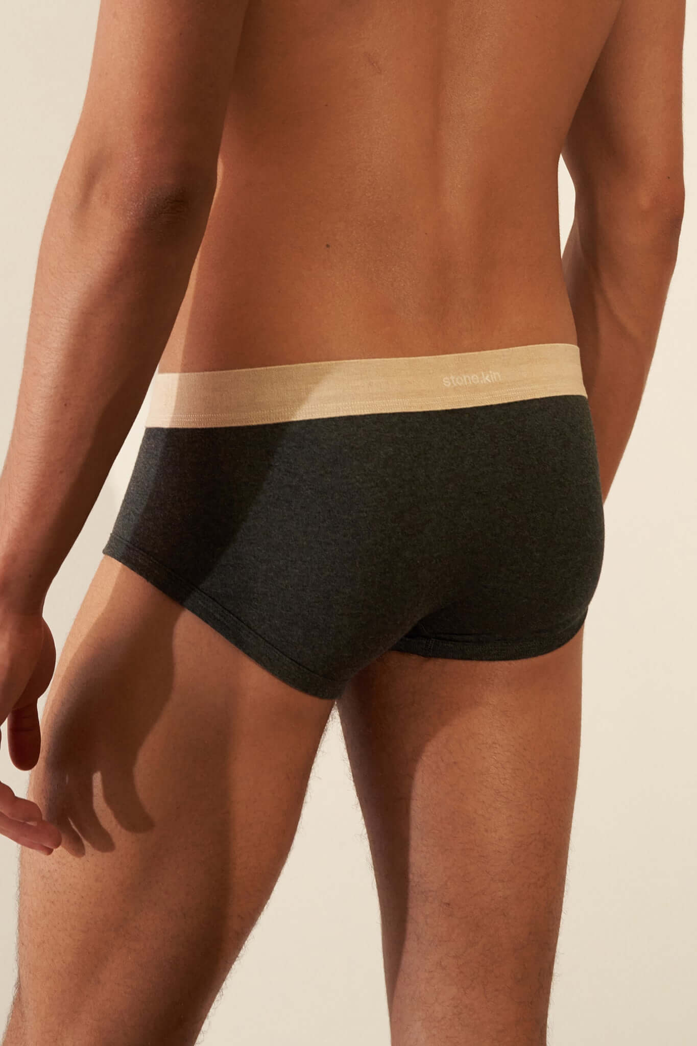 Trunk 3 Pack in Organic Cotton showing the back view of a man wearing dark trunks with a light waistband.