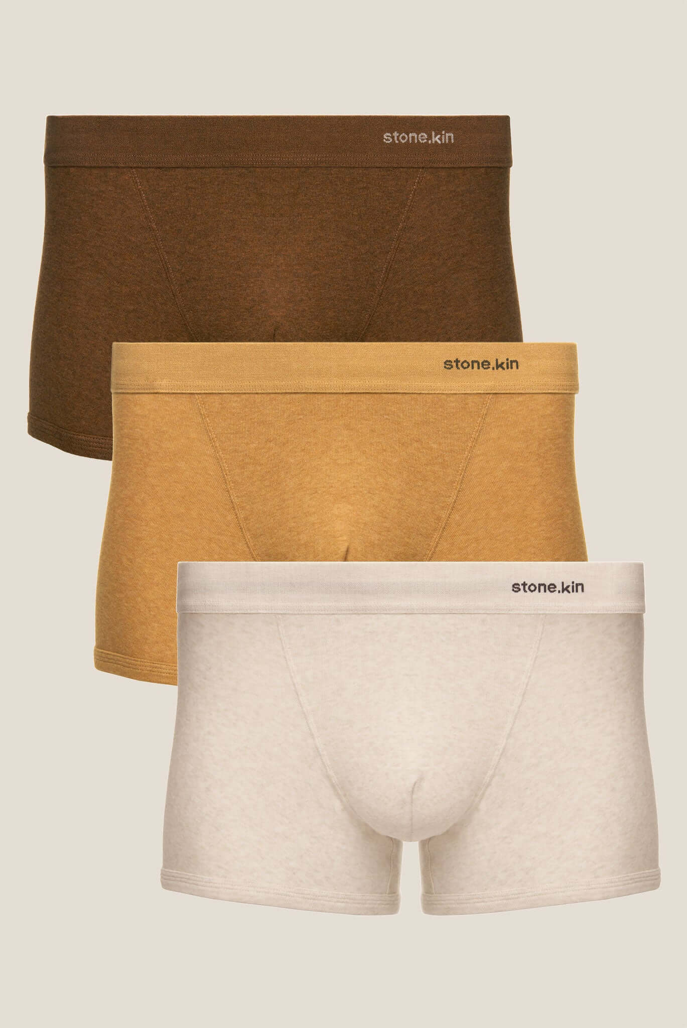 Boxer Briefs 3 Pack in Organic Cotton featuring Brown, Camel, and Bone colors, made from GOTS-certified organic cotton.