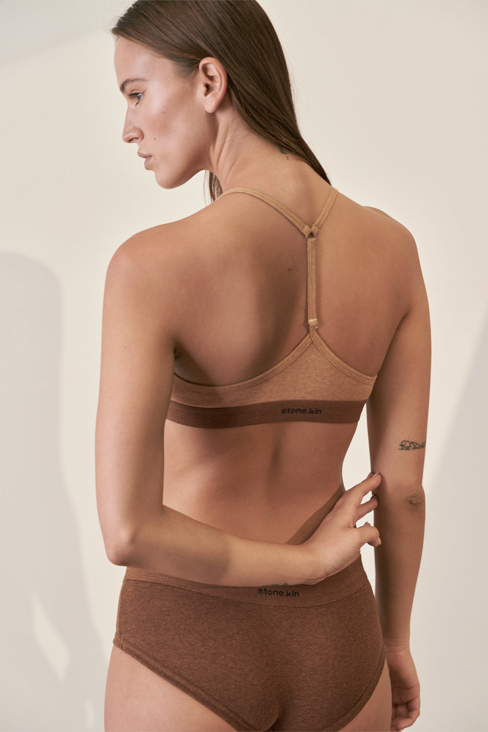 Racer Back Bralette in Organic Cotton Rib - Camel & Brown