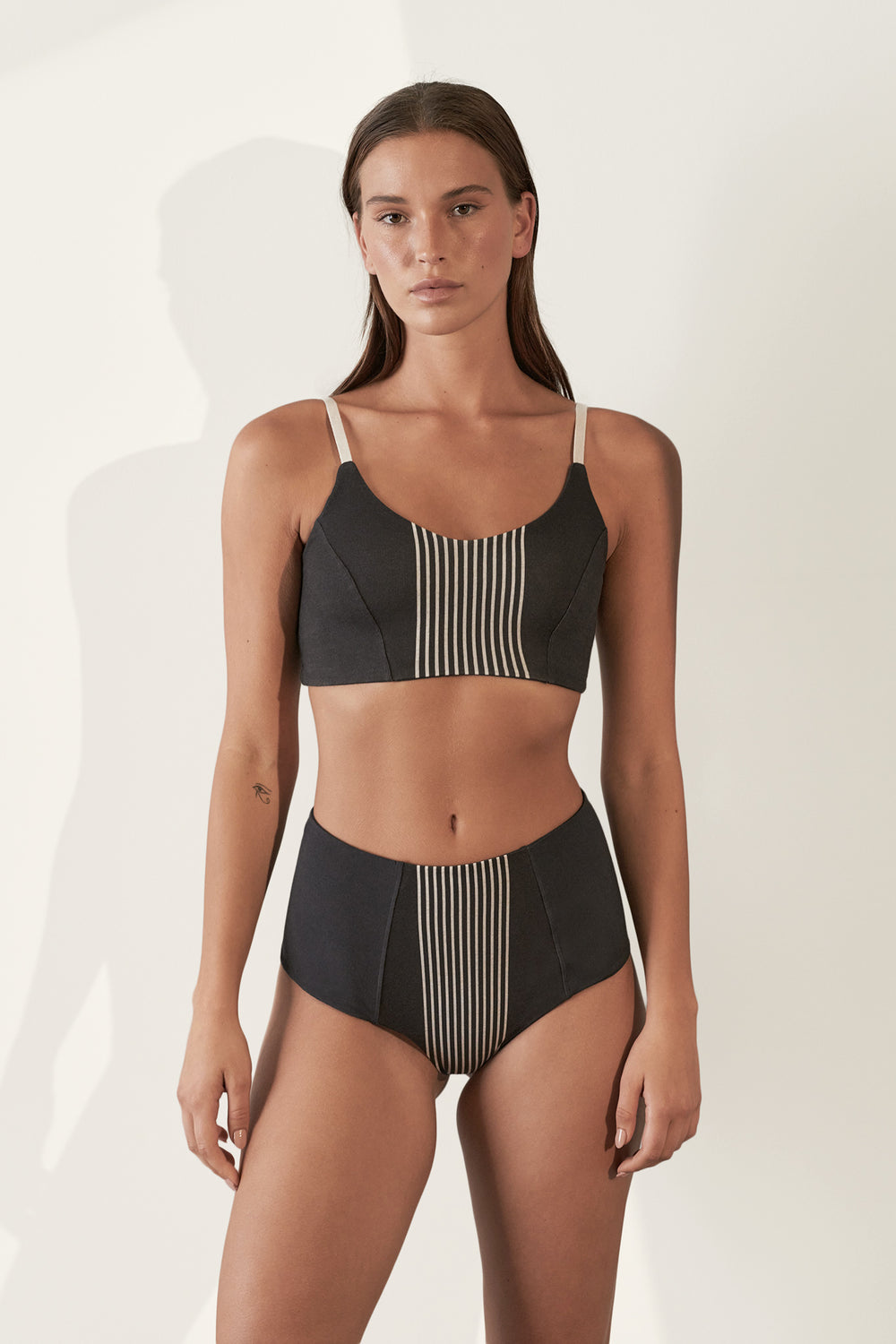 Contoured Crop Top  Organic Cotton Rib / Tar with Bone Stripe